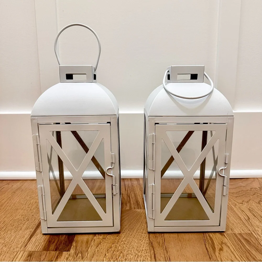 Set Of 2 Medium White Vintage Lanterns W/ Matte Gold Interior Metal & Glass